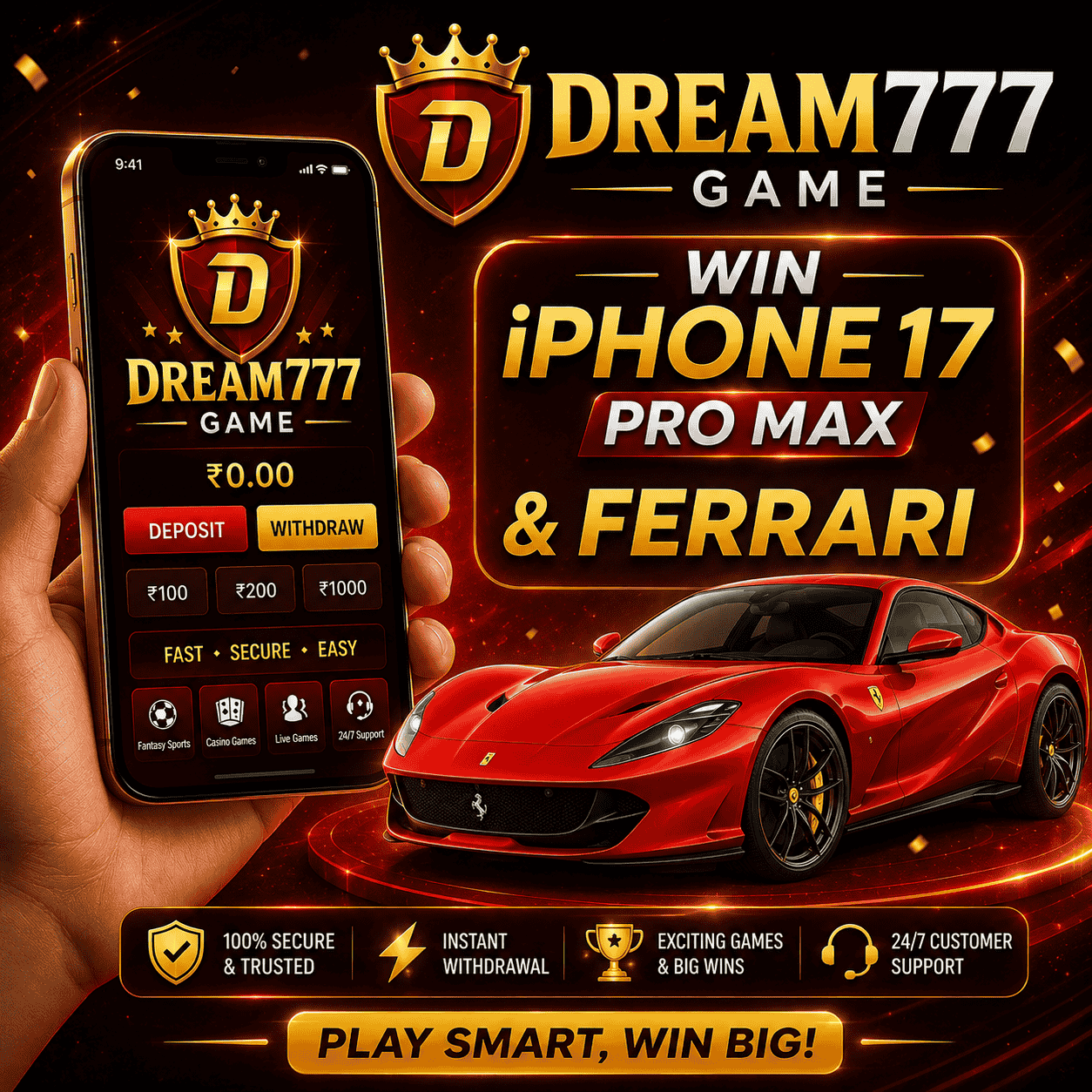 A bold Dream77 advertisement with a red Ferrari sports car, smartphone gaming interface, and glowing gold text announcing “Win iPhone 17 Pro Max & Ferrari.” The design uses dramatic red-and-black lighting with luxury gaming visuals and premium prize styling.