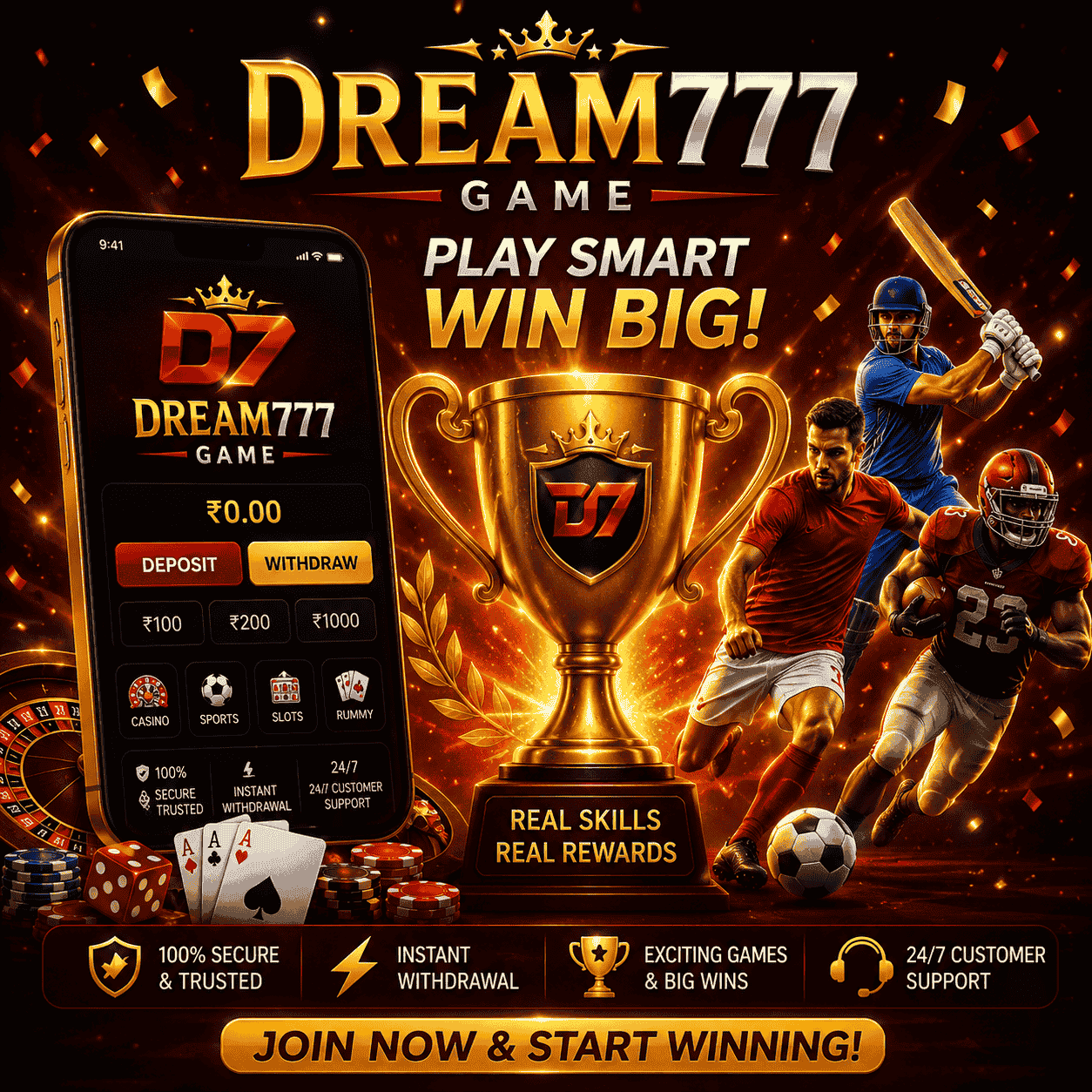 A high-energy Dream77 promotional poster showing a smartphone with the Dream777 game app, a giant golden trophy, casino chips, football and cricket players, and bright gold lighting effects. The poster promotes real rewards, secure gameplay, and instant withdrawal features.