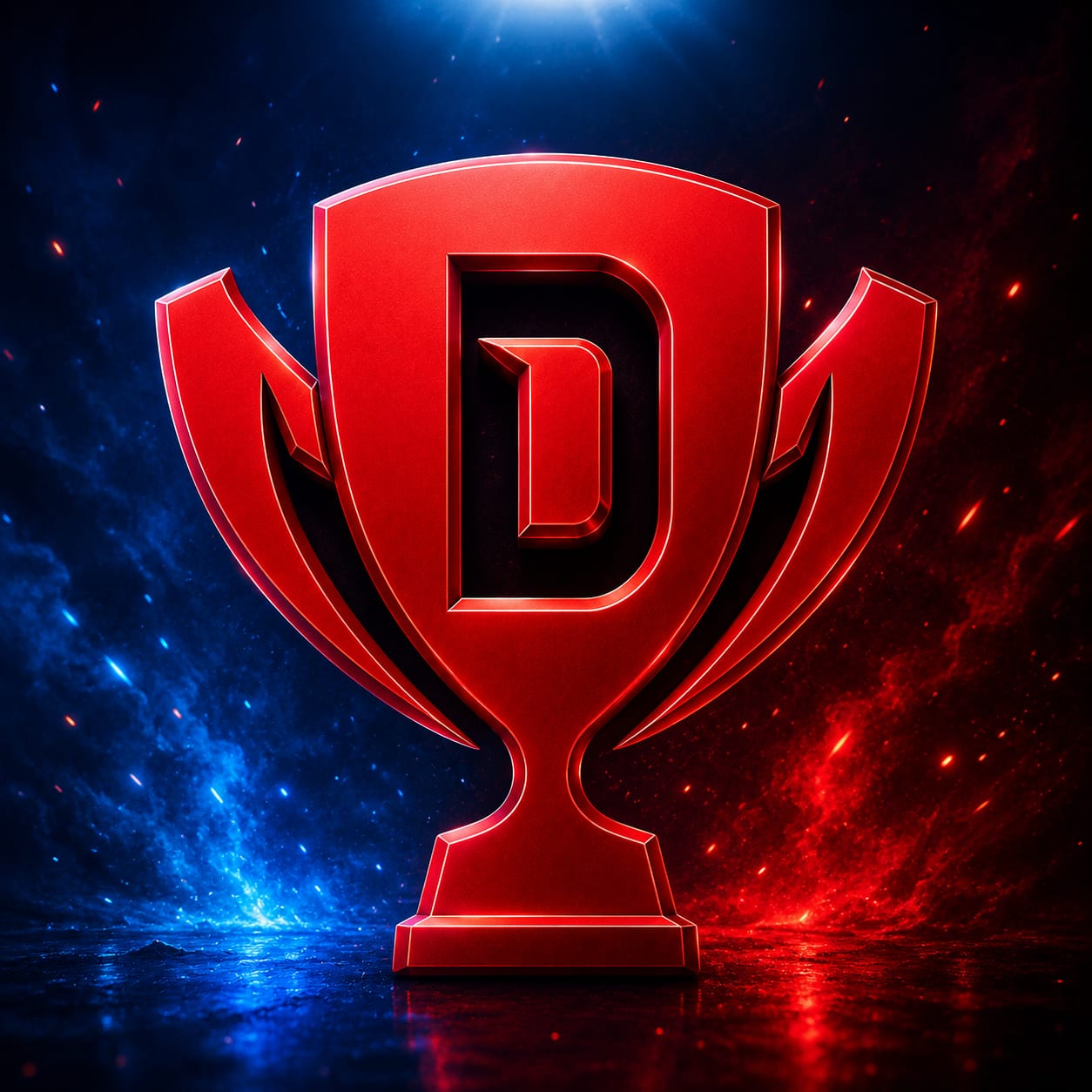 A futuristic HD gaming-style logo featuring a glowing red trophy emblem with a bold “D” in the center. The background blends blue and red smoke effects with sparkling particles and dramatic lighting