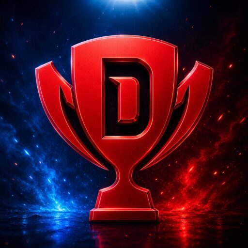 A futuristic HD gaming-style logo featuring a glowing red trophy emblem with a bold “D” in the center. The background blends blue and red smoke effects with sparkling particles and dramatic lighting
